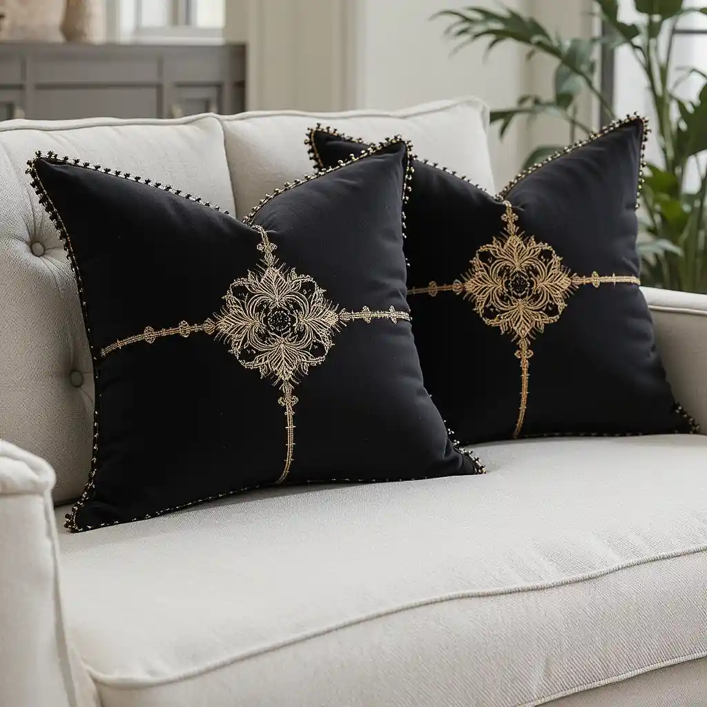 Black Accent Pillows with Gold Detailing