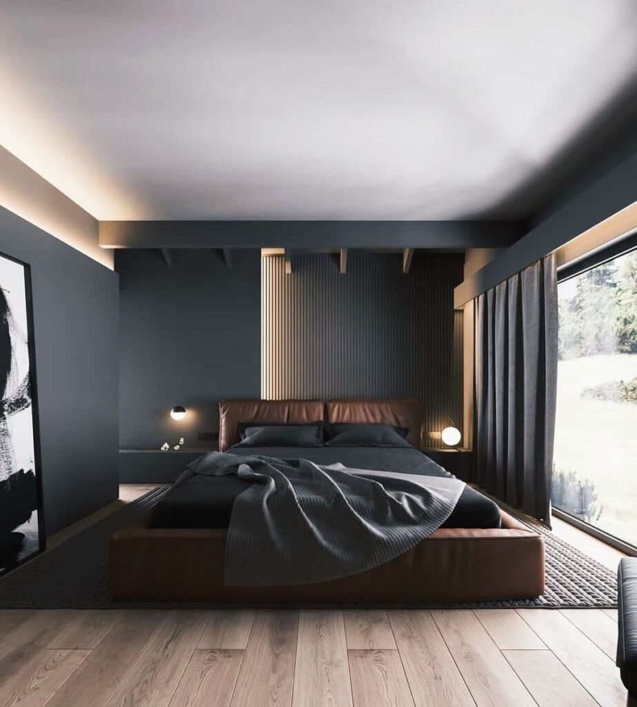 Black And Grey Bedroom With White Ceiling