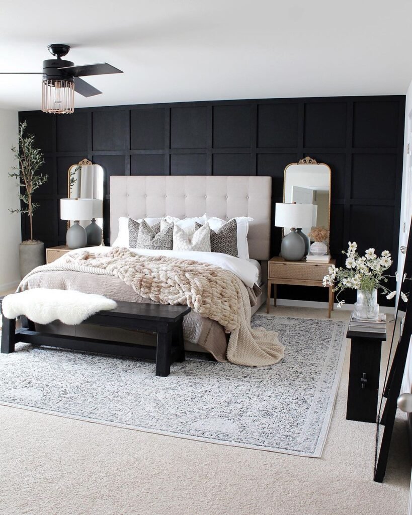 Black Board And Batten Accent Wall For Neutral Color Bed