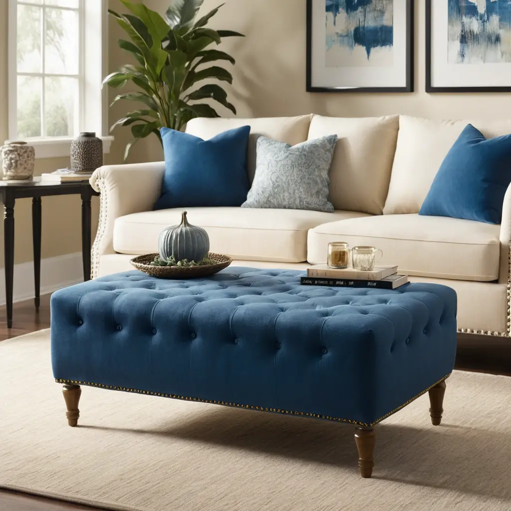 Blue Upholstered Ottoman or Bench