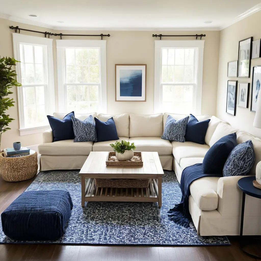 Cream Sectional with Navy Throw Pillows