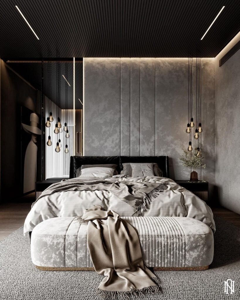 Gray And Black Bedroom Ideas With Hanging Bulb Light Fixtures