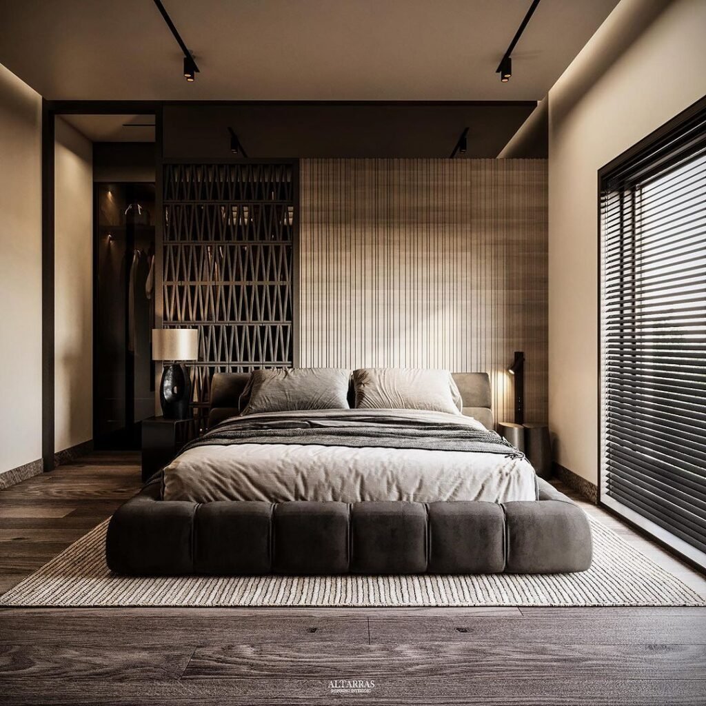 Gray And Black Bedroom With Beige Walls