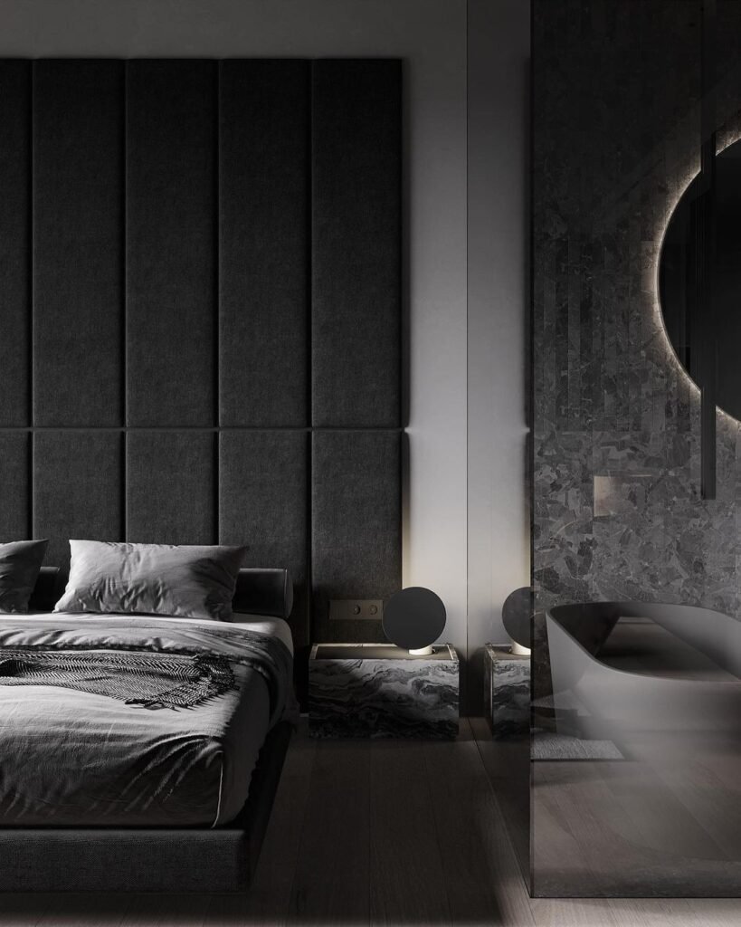 Grey And Black Bedroom With Black Glass Bathroom