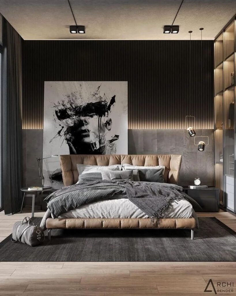 Grey Rug And Brown Bed For A Black Bedroom