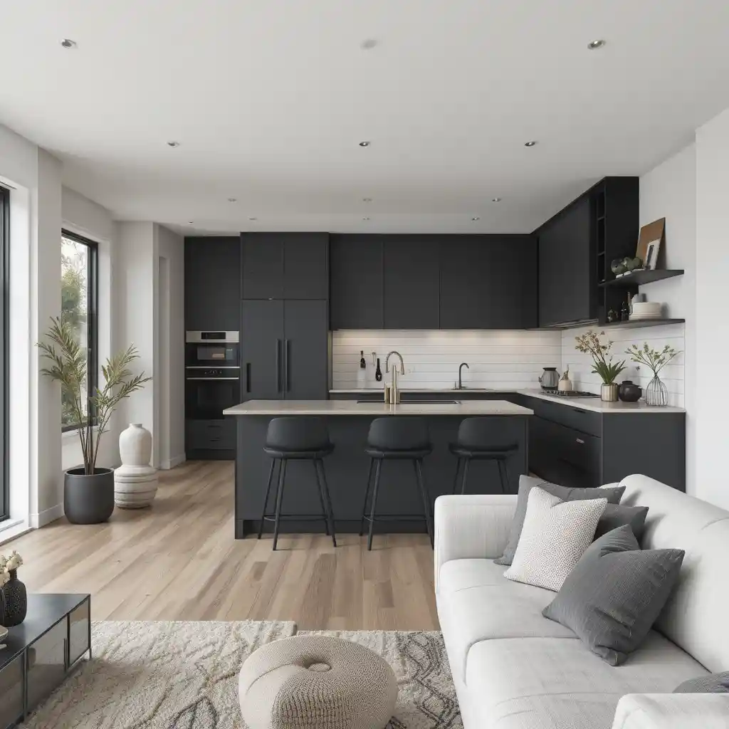 Matte Black Accents in a Neutral Kitchen-Living Room Combo