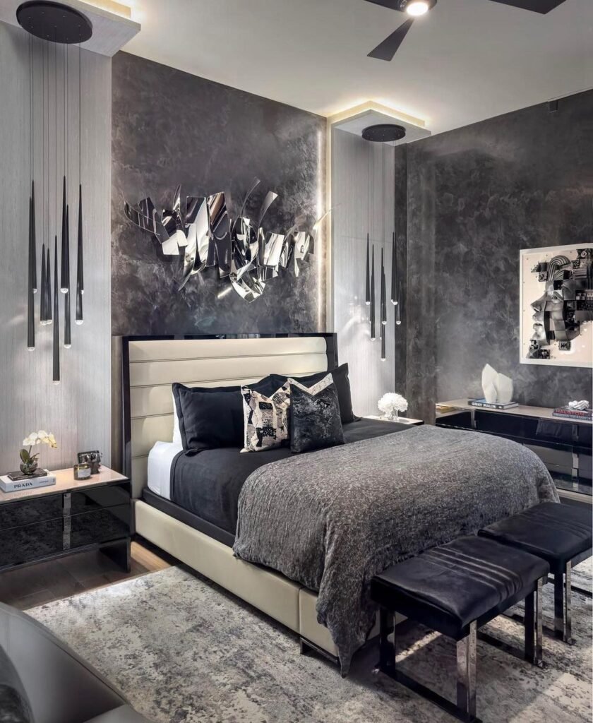 Modern Black And Grey Bedroom With Hanging Light Fixtures