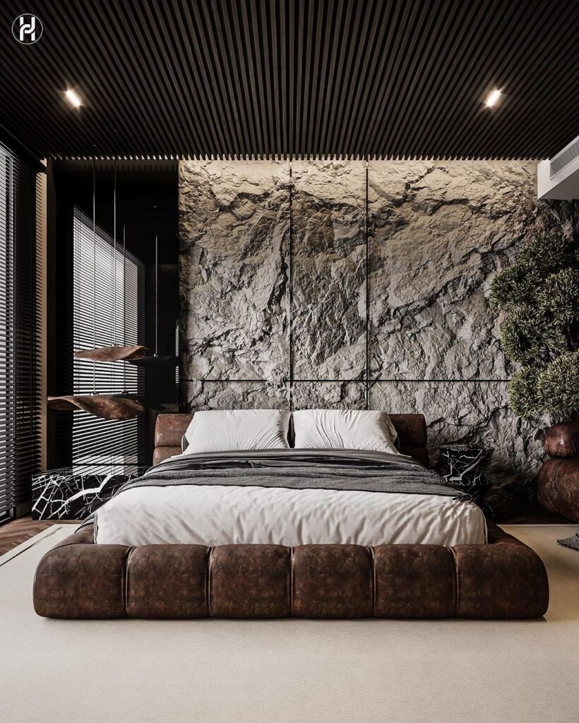 Modern Grey and Black Bedroom With Large Planter