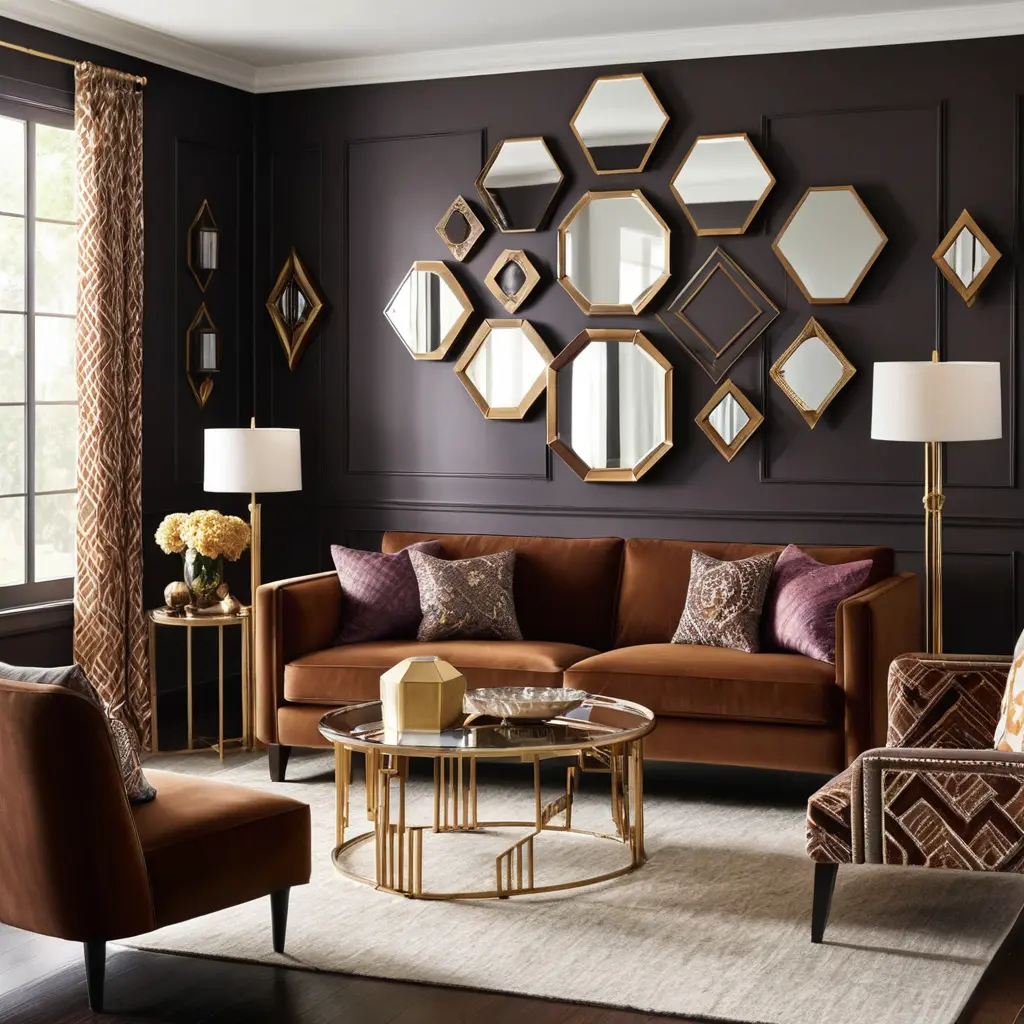 Art Deco Drama with Brown Sofa and Geometric Shapes