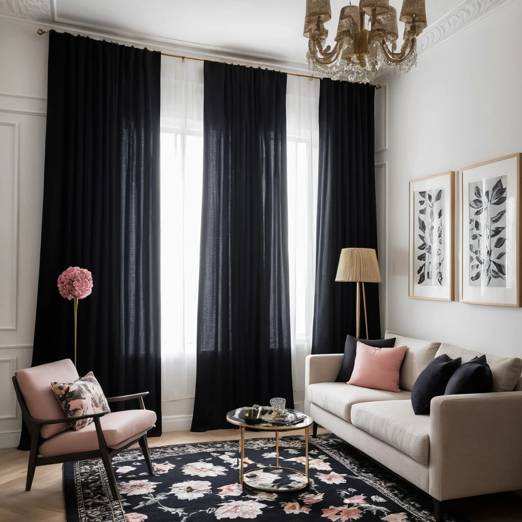 Black Curtains with Floral Décor