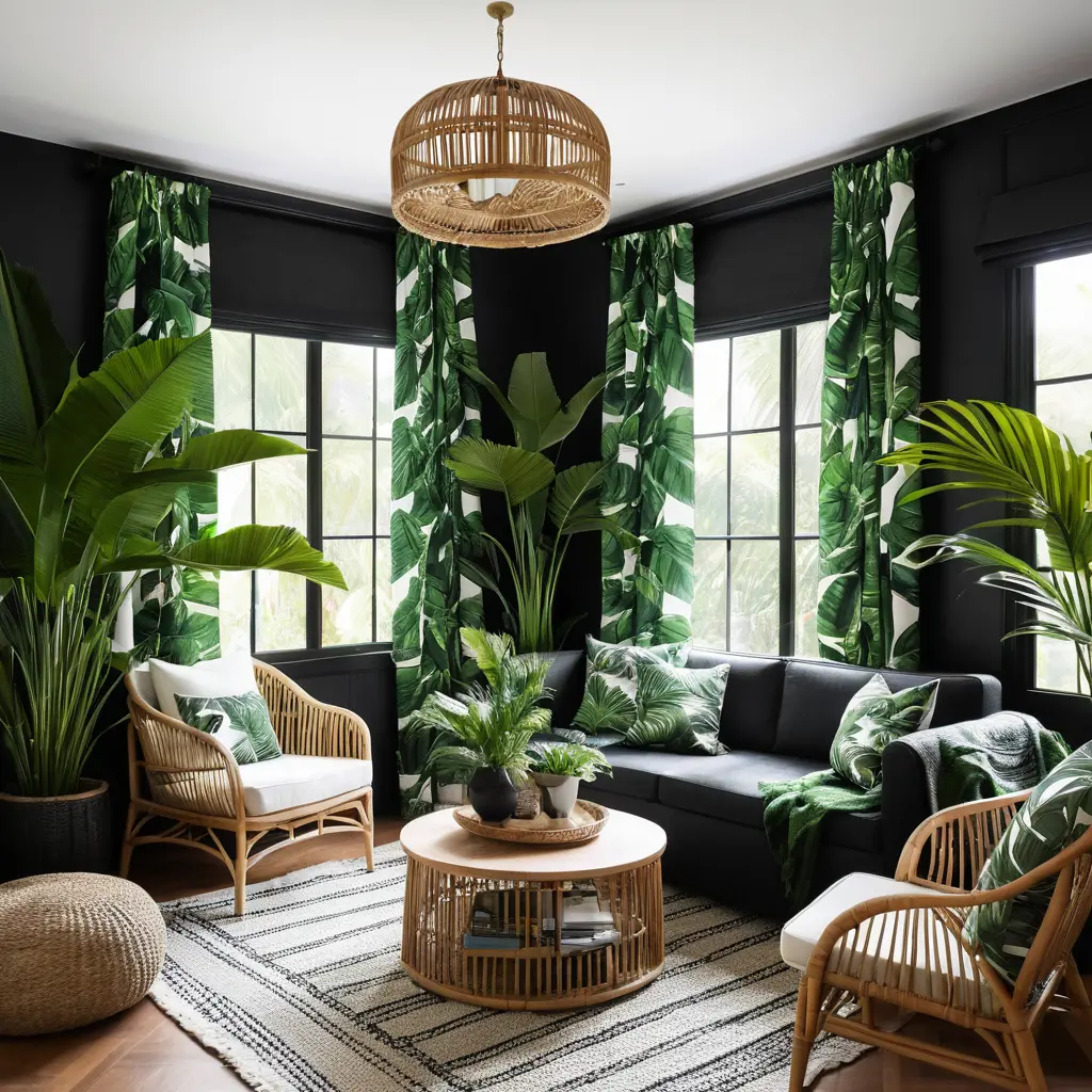 Black Curtains with Tropical Prints