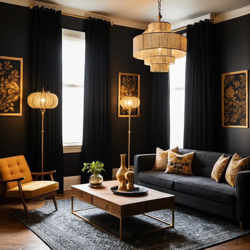 Black Curtains with Vintage Lamps