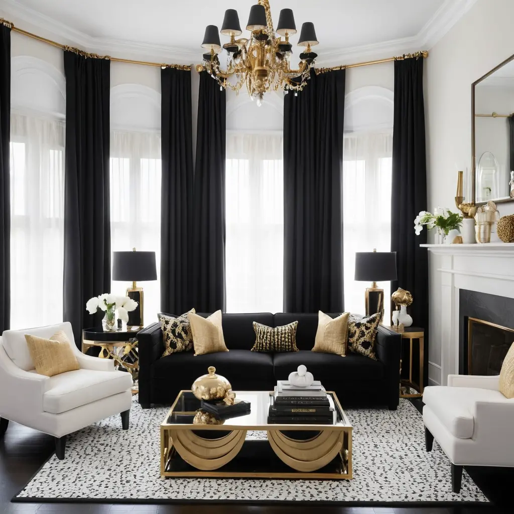 Black Curtains with White and Gold Accents