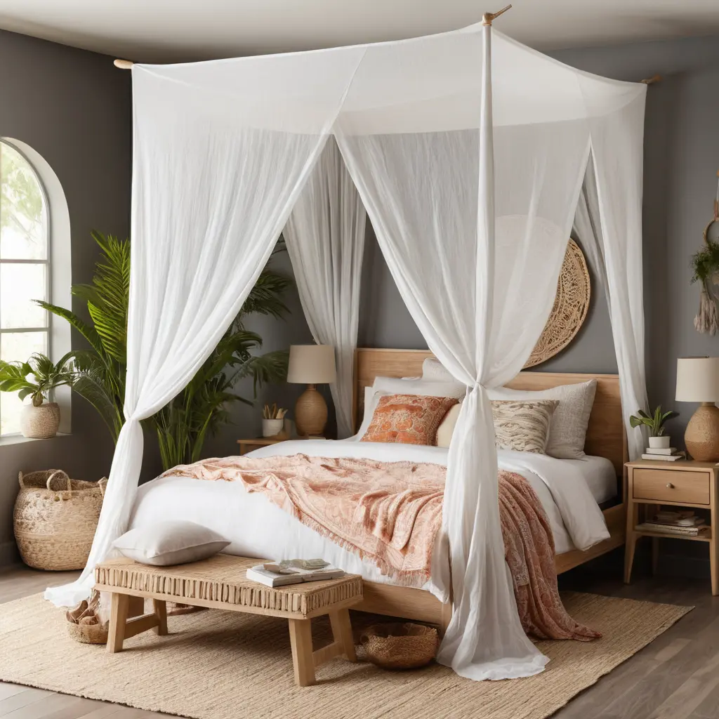 Boho Canopy Bed with Sheer Curtains