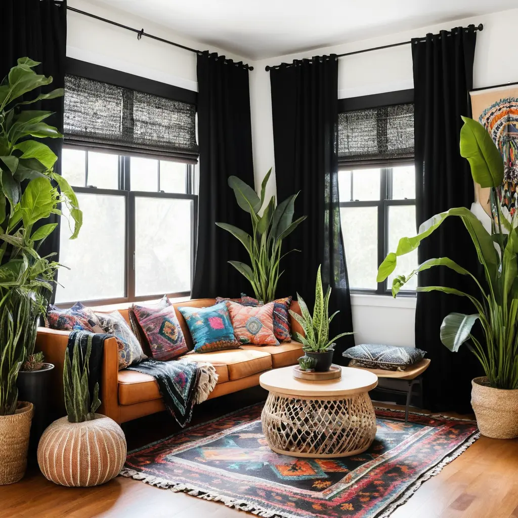 Boho-Chic Lounge with Black Curtains