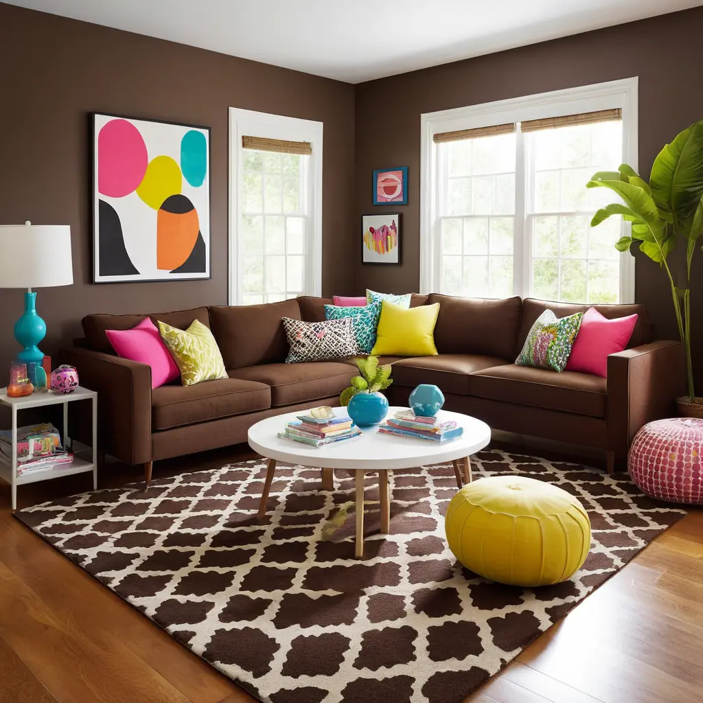 Bold Pop Art Style with Brown Sofa and Vibrant Accents