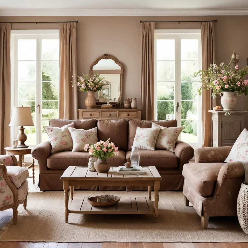 Brown Sofa in a French Country Style Room