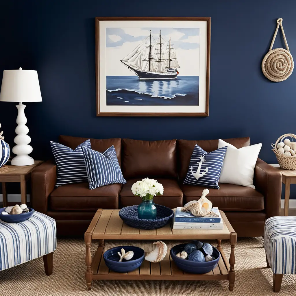 Brown Sofa in a Nautical-Themed Living Room