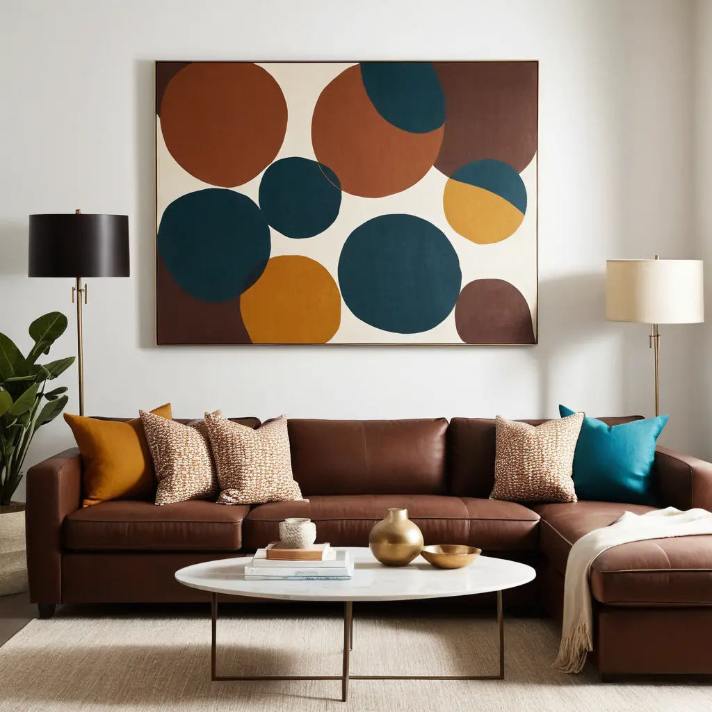 Brown Sofa with Abstract Art Decor