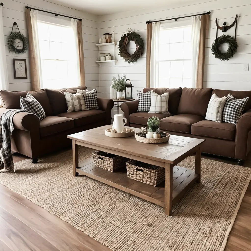 Charming Farmhouse Style with a Brown Leather Sofa