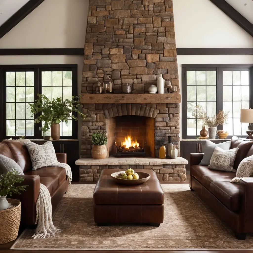 Cozy Fireplace Setup with Brown Sofa