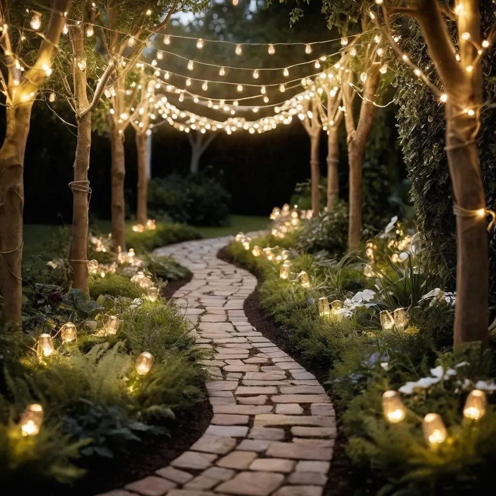 Fairy Lights Draped Along the Path for a Magical Touch