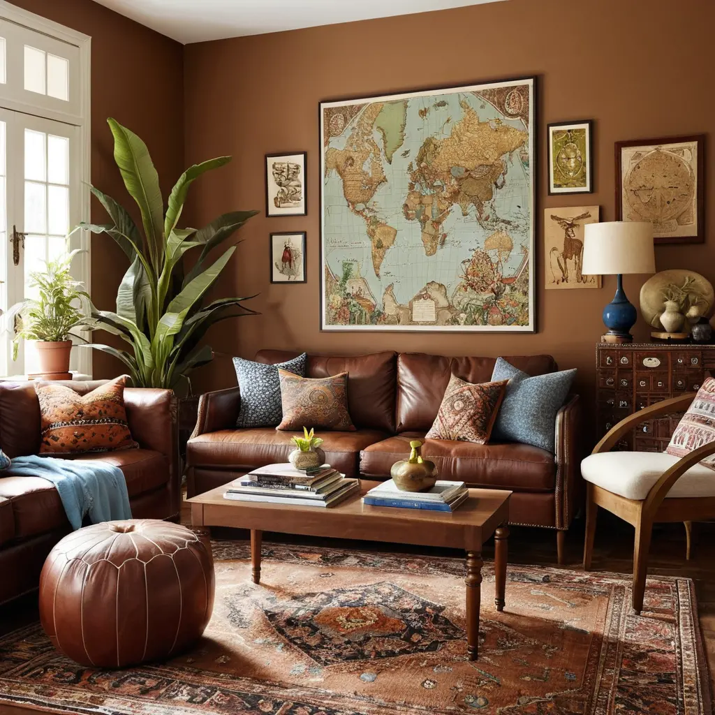 Global Wanderlust with Brown Sofa and Travel-Inspired Decor