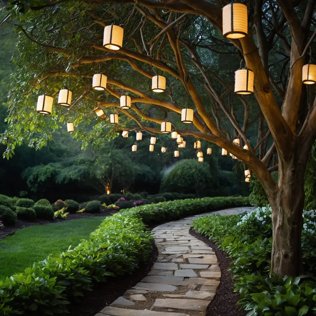 Hanging Lanterns Along Tree Branches for Mystical Lighting