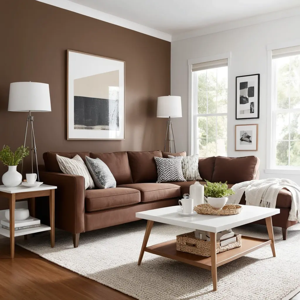 High Contrast with Brown Sofa and White Decor