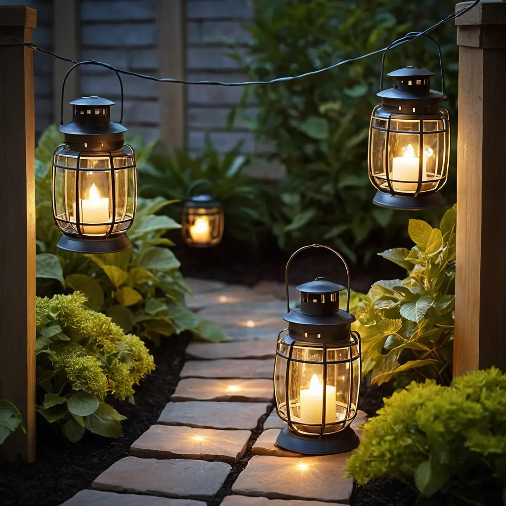 Lantern-Style Solar String Lights Along Walkways