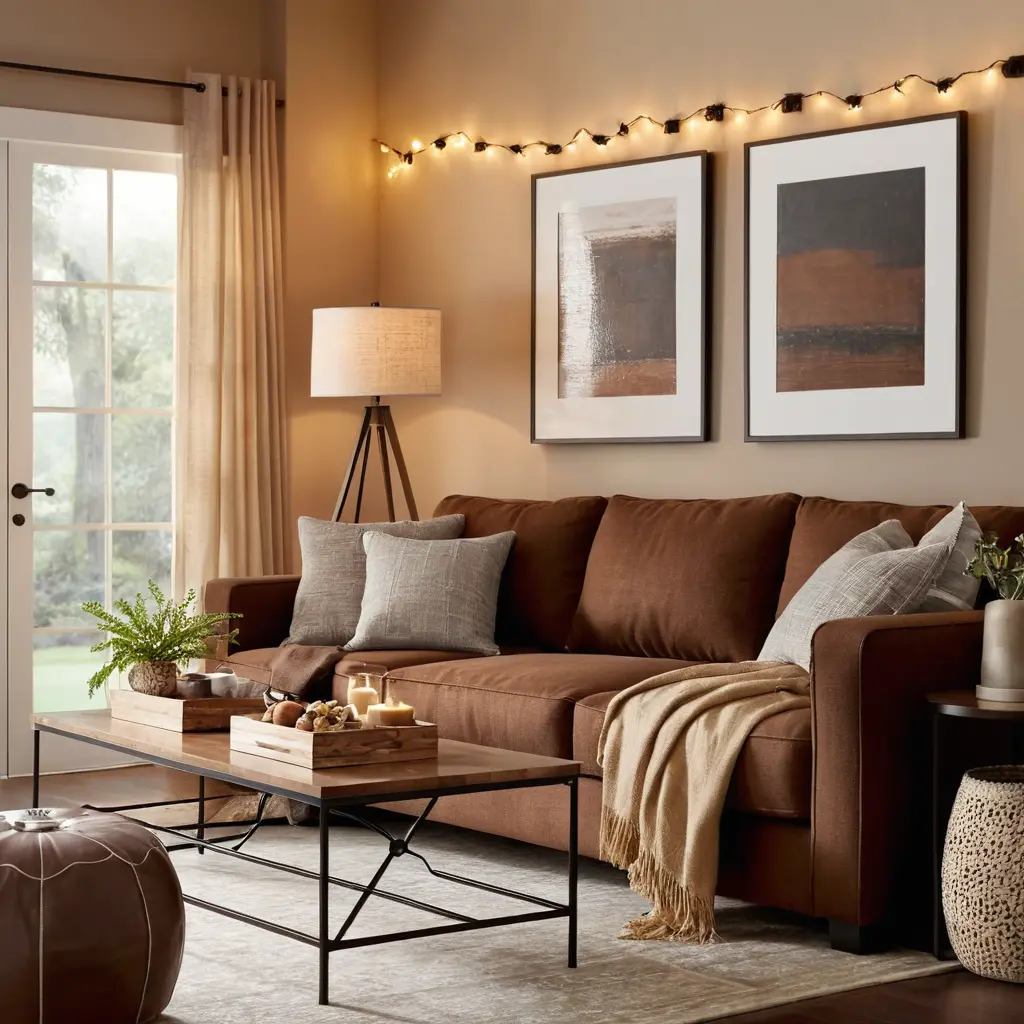 Layered Lighting with Brown Sofa