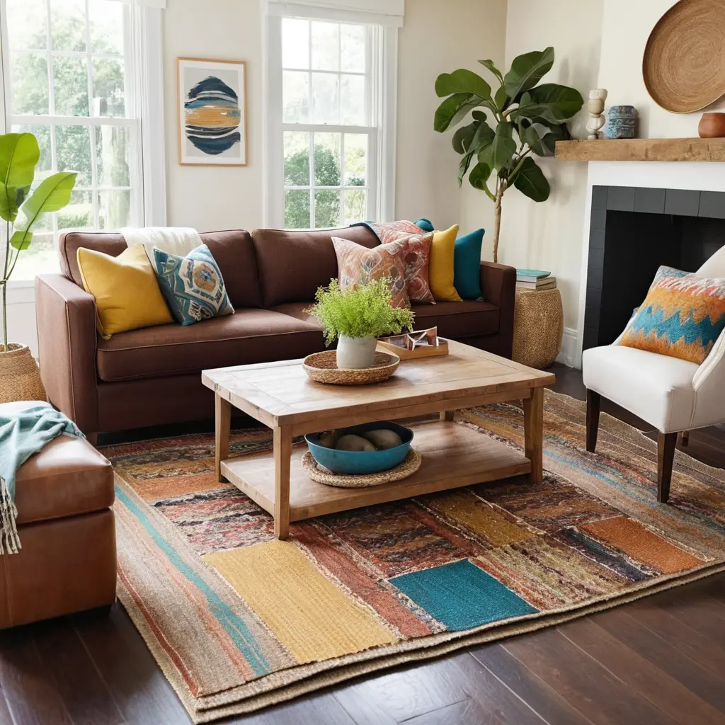 Layered Rugs with Brown Sofa