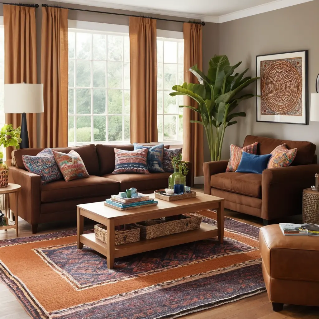 Maximalist Living Room with Brown Sofa and Layered Patterns