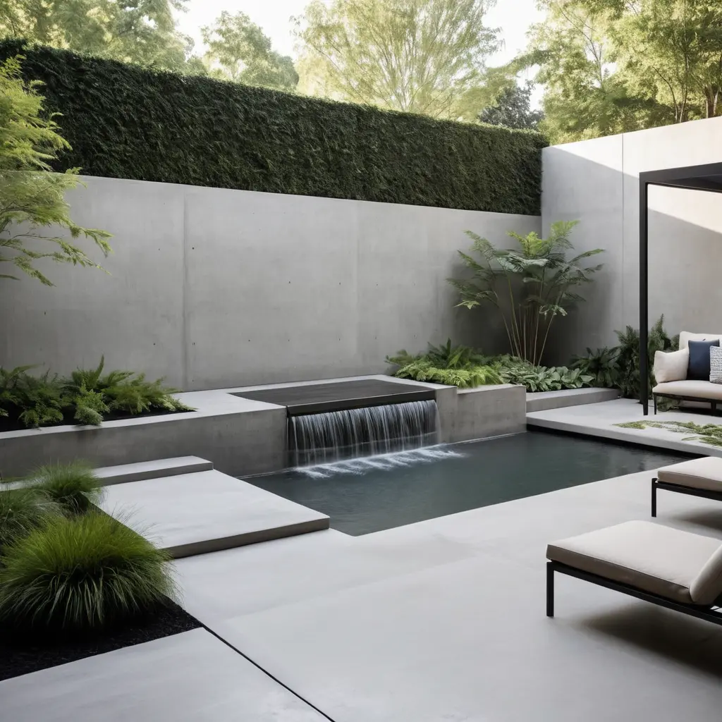 Minimalist Concrete Patio with a Waterfall Feature