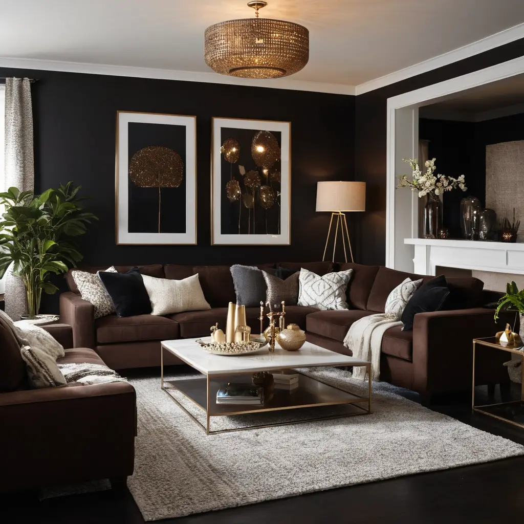 Moody Monochrome with Dark Brown Sofa and Black Walls