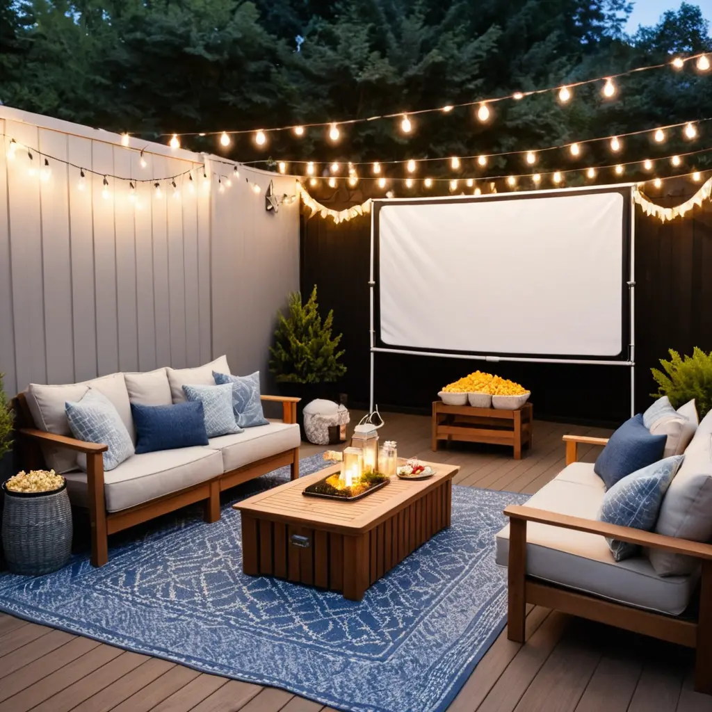 Nighttime Patio with Outdoor Movie Setup