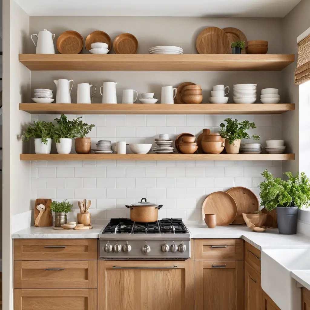 Open Shelving with White Oak Cabinets for a Practical, Stylish Design