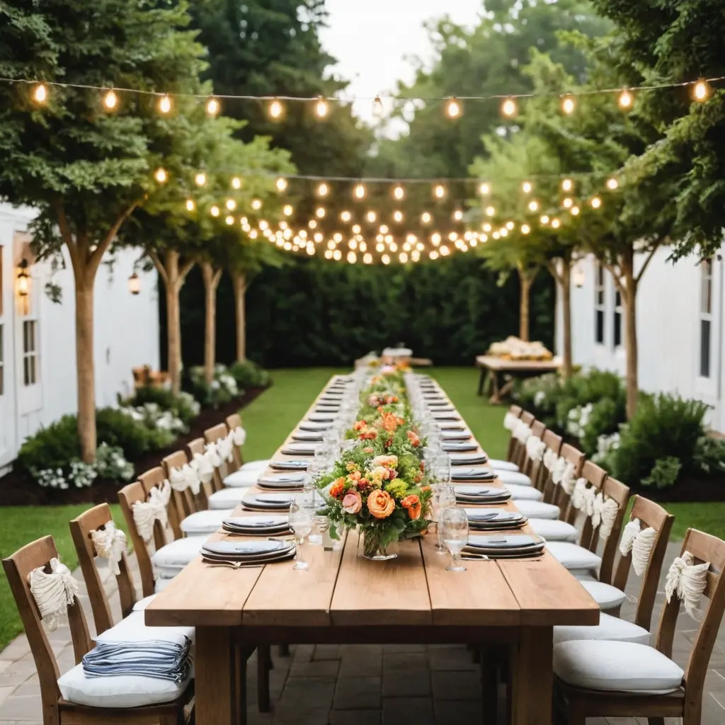 Outdoor Dining Patio with a Long Farm Table