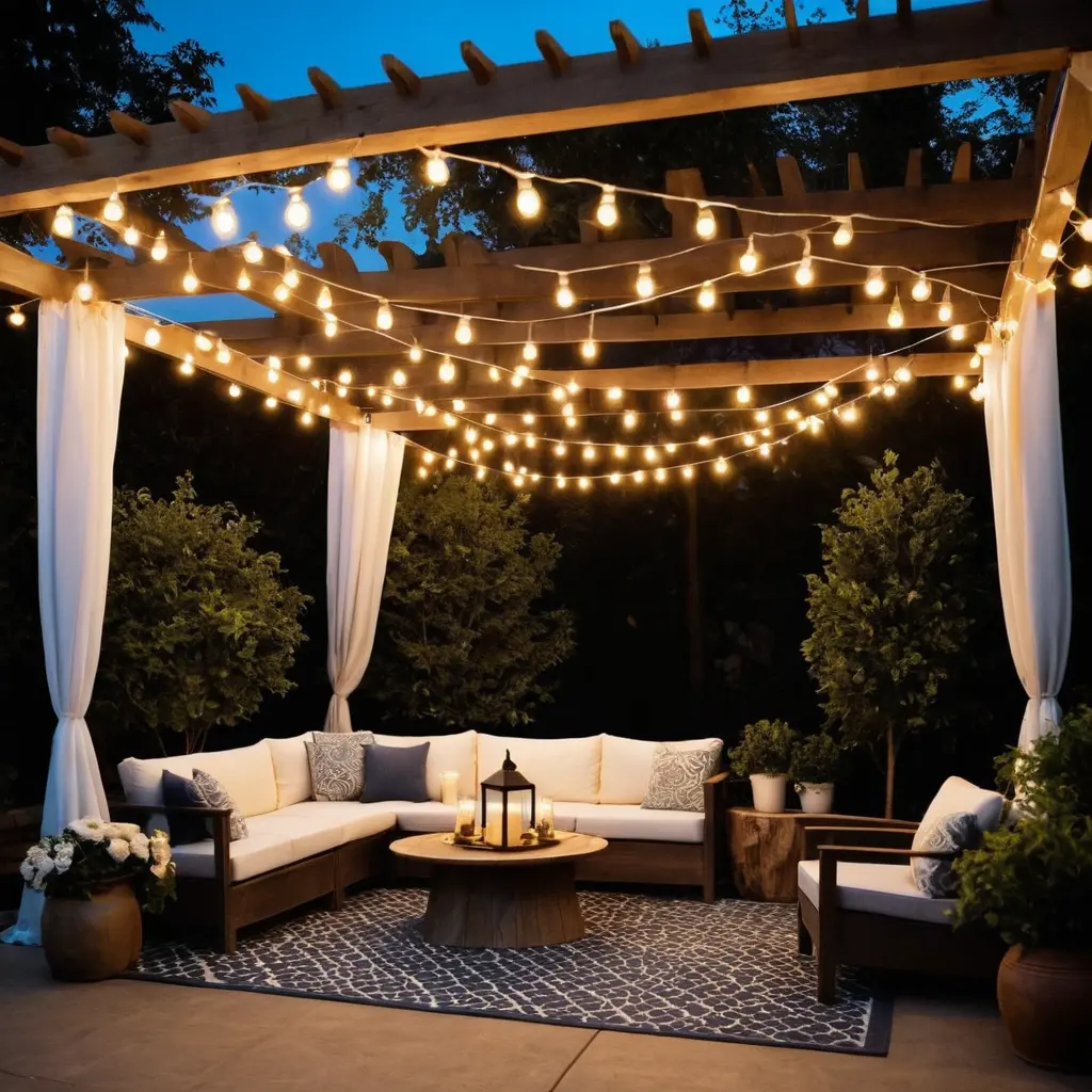 Overhead String Lights with Draped Fabrics for a Tent Effect