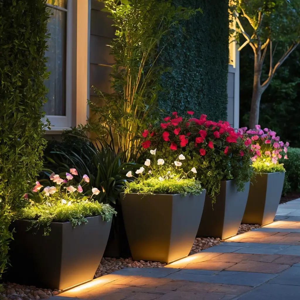 Pathway Lights Embedded in Planters for a Creative Touch