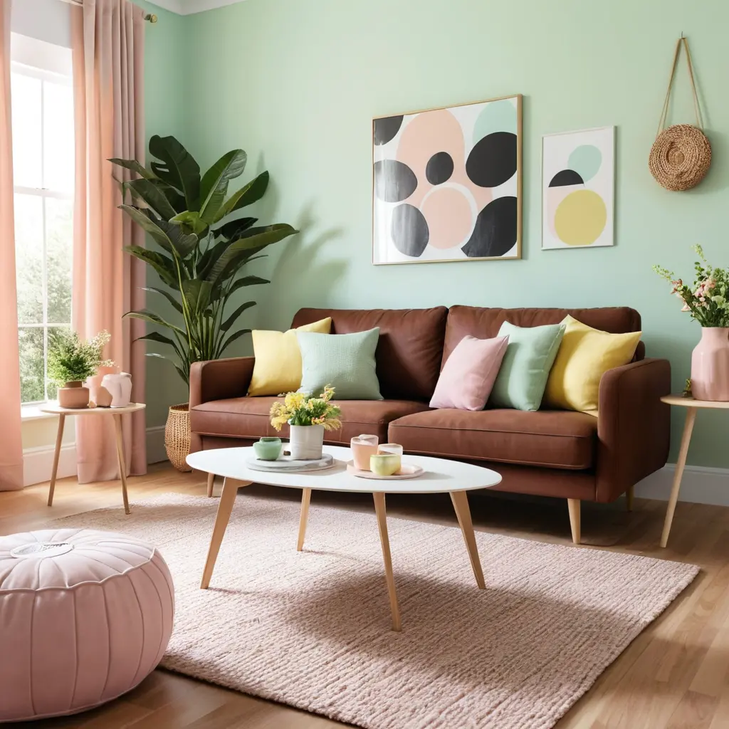 Playful Pastels with a Brown Sofa