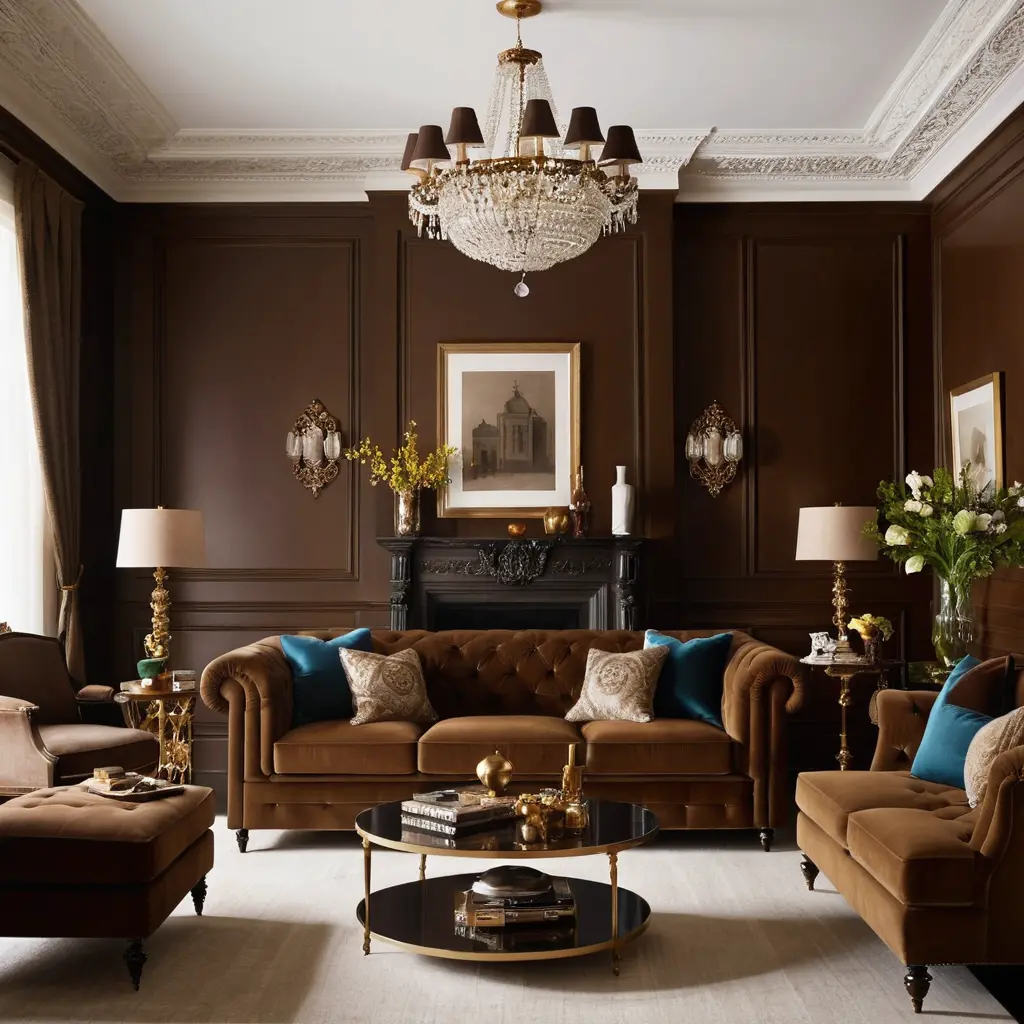 Refined Classic Living Room with Brown Sofa and Paneling