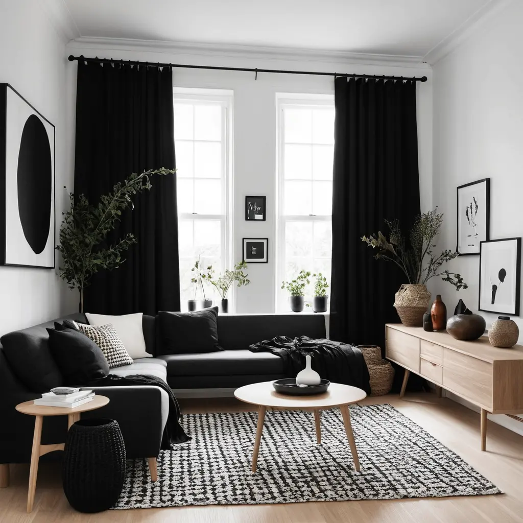 Scandinavian Minimalism with Black Curtains