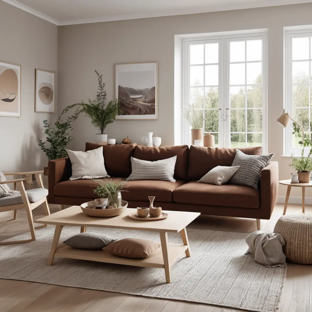 Scandinavian Simplicity with Brown Sofa and Minimalist Decor