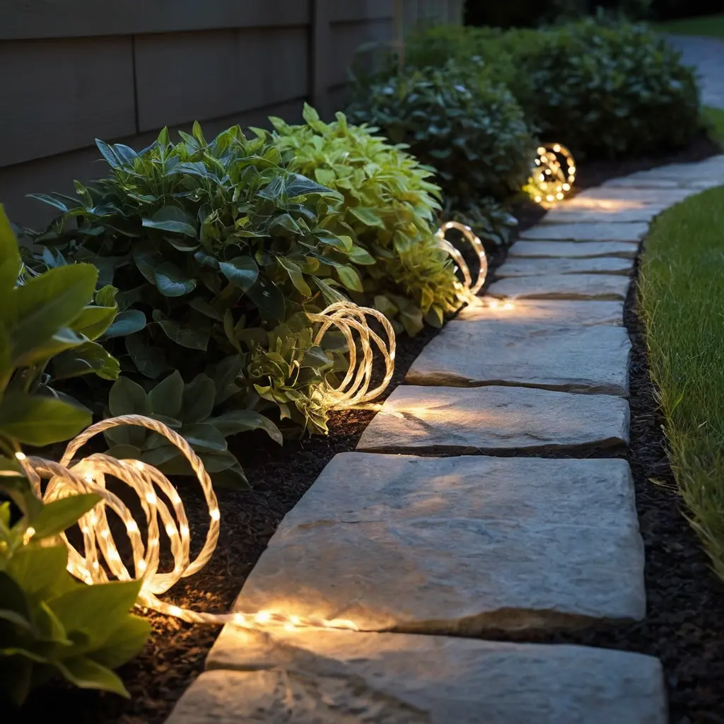 Solar-Powered LED Rope Lights Along Walkways