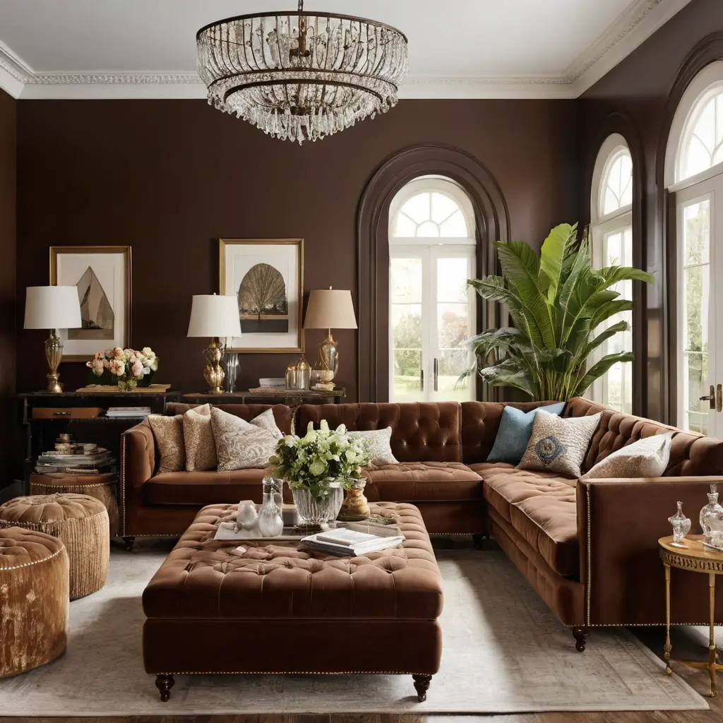 Vintage Glamour with Brown Sofa and Crystal Chandeliers