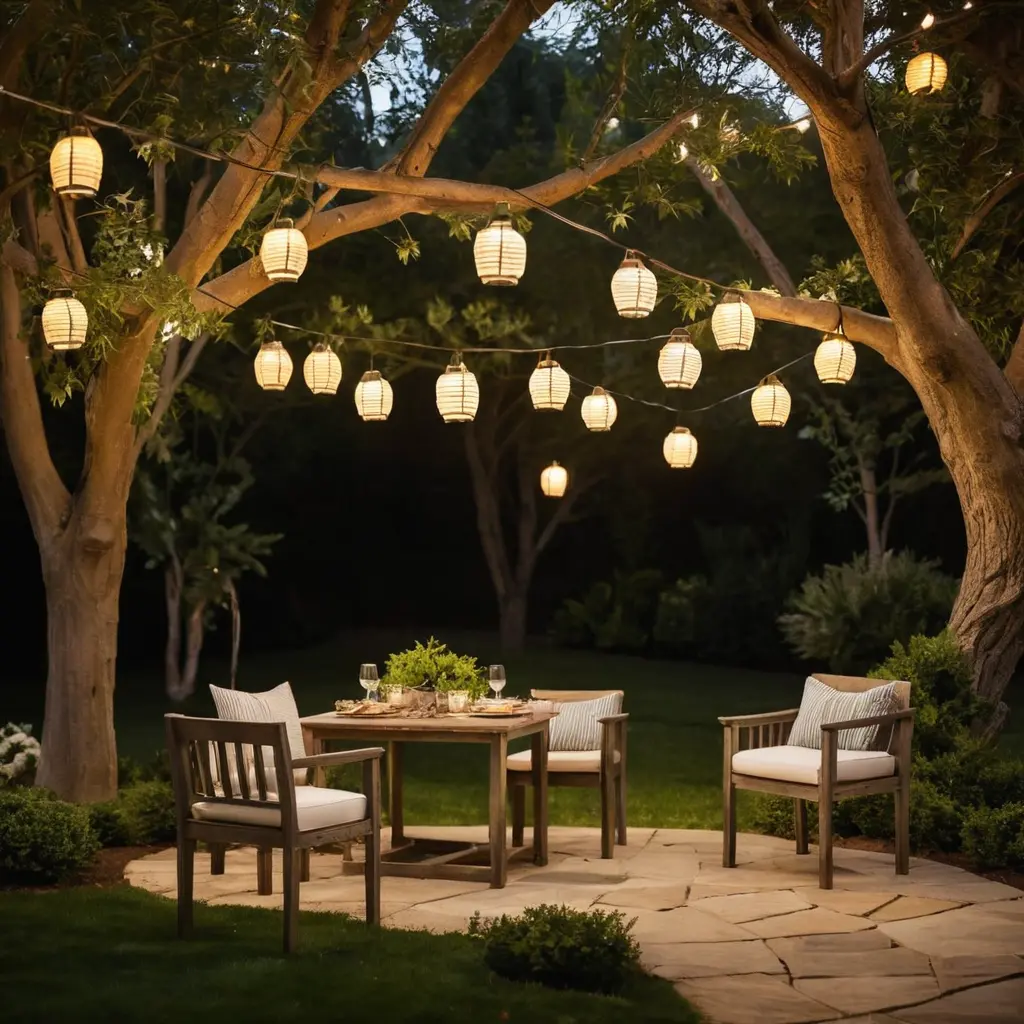 Vintage Lantern String Lights on Tree Branches