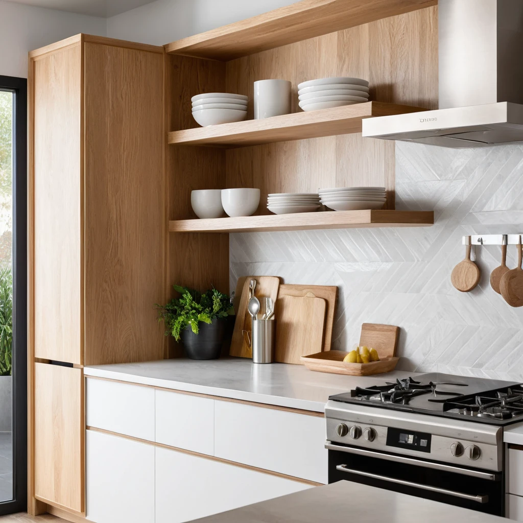 White Oak Cabinets with Floating Shelves for a Modern, Airy Kitchen