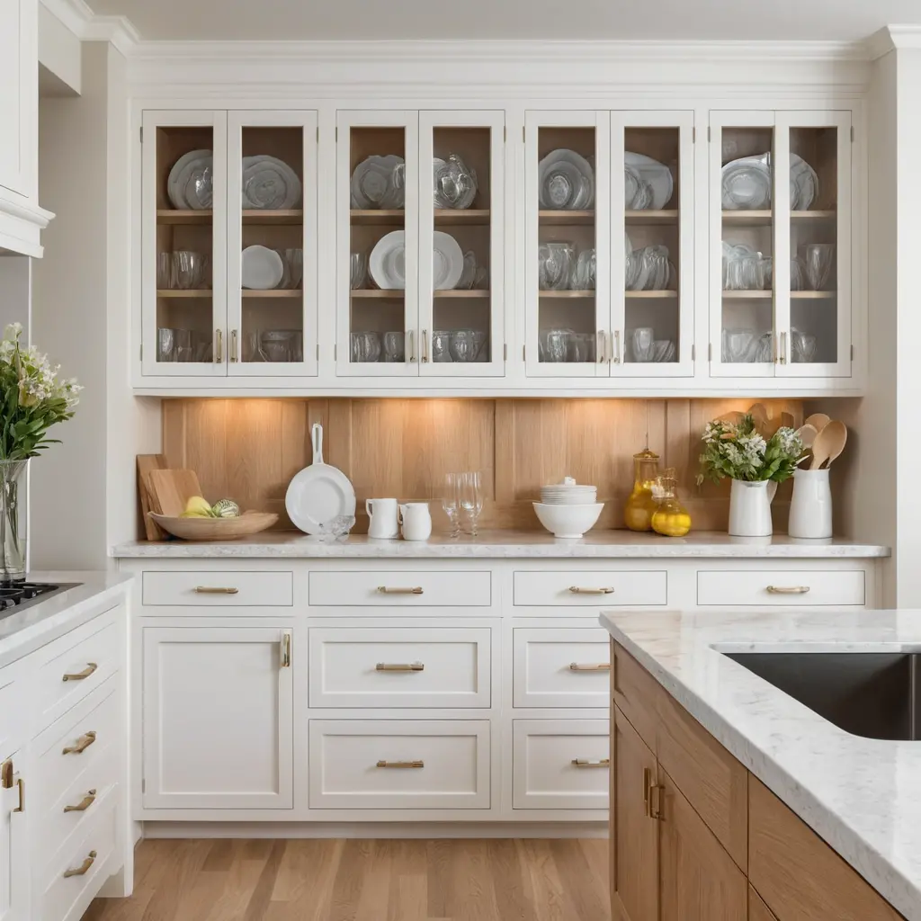 White Oak Cabinets with Glass Inserts for a Light and Airy Kitchen