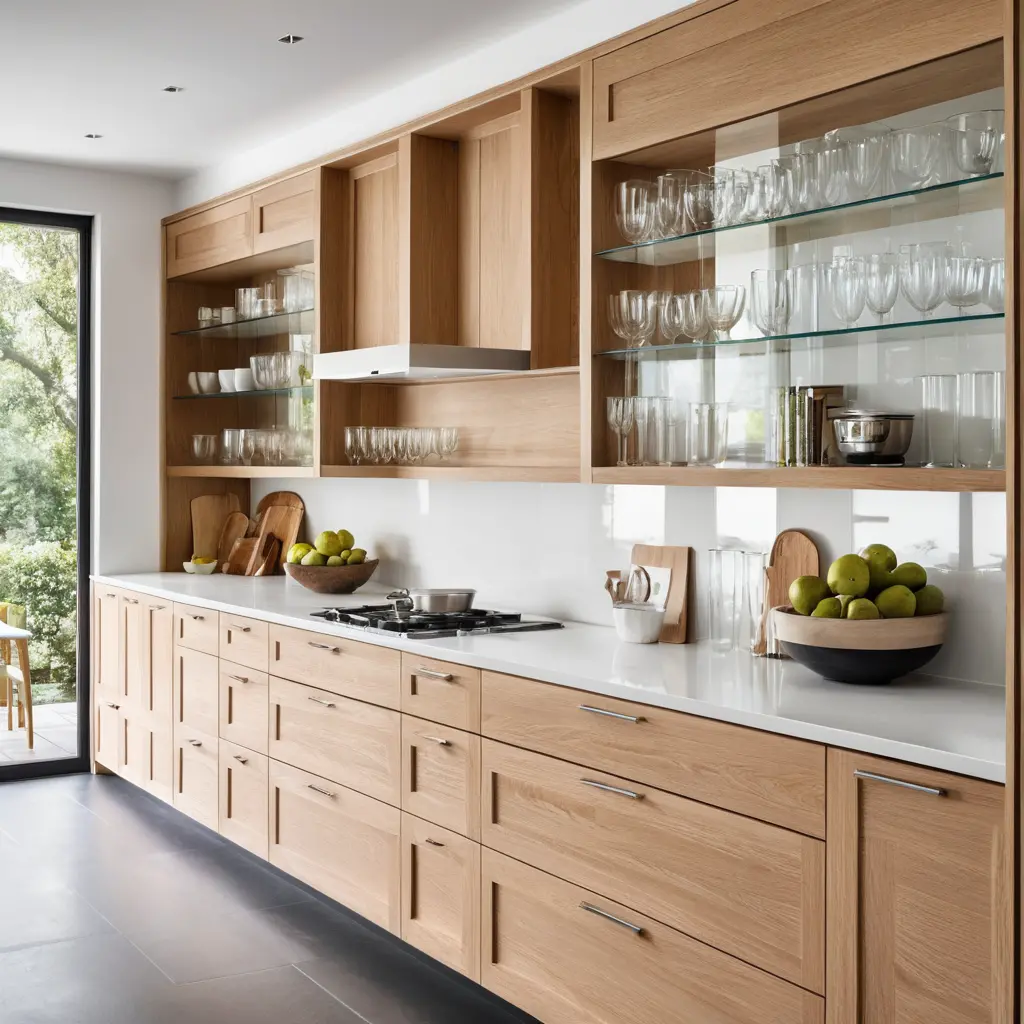 White Oak Cabinets with Glass Shelves for a Sleek, Modern Touch